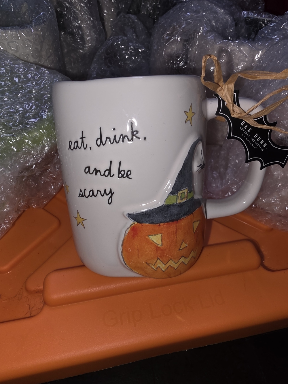 Rae Dunn White  Mug with Orange Pumpkin and Black Witch Hat